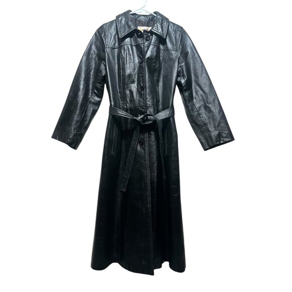 Avanti Leather Long Trench Coat Womens Medium Black Waist belt Matrix Grunge 70s - Picture 2 of 16